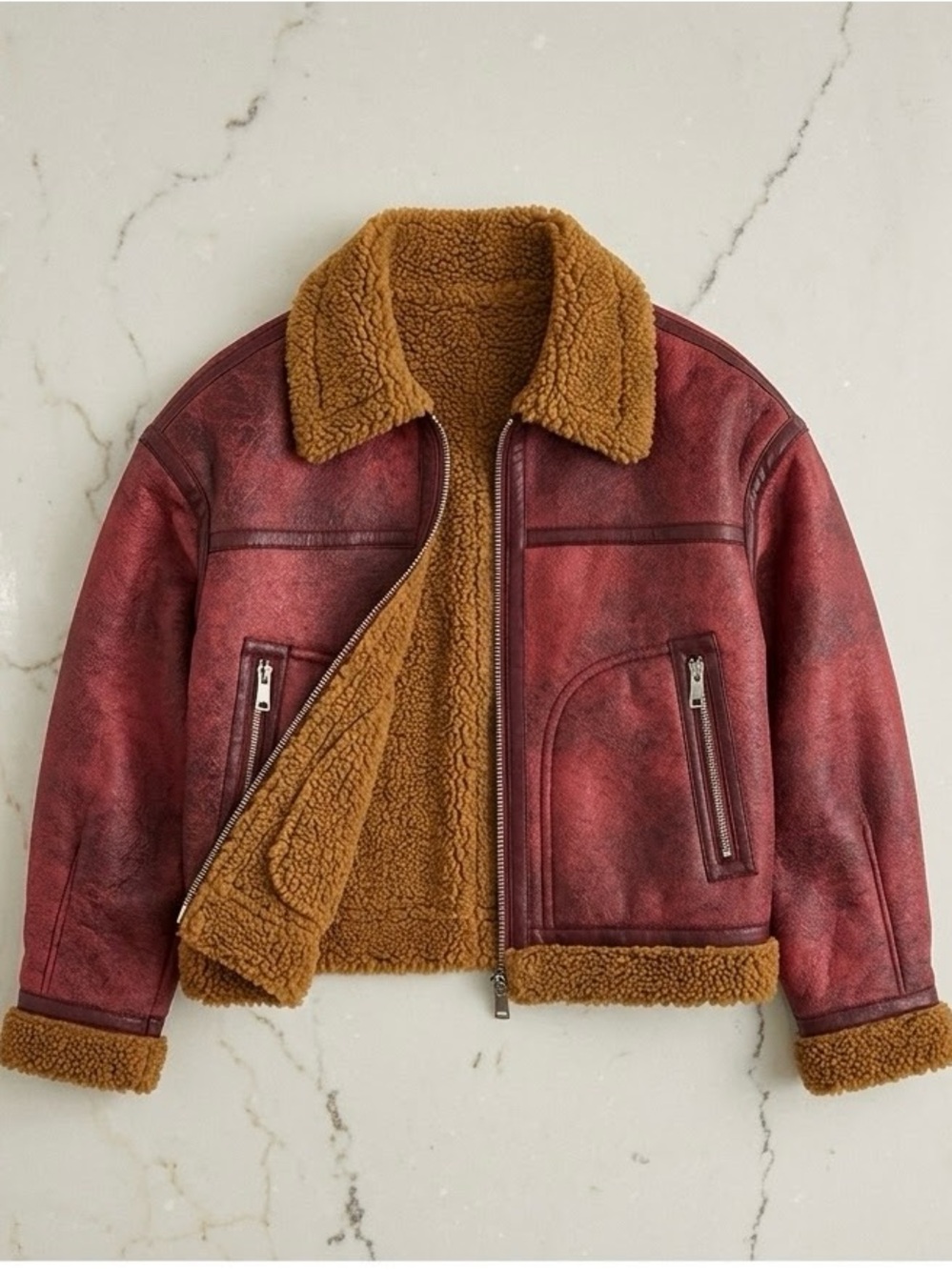 OOF Women’s Faux-Leather Sherpa Jacket with Brown Lining